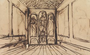 Studio di una stanza interna con immagini religiose sui pannelli delle pareti da Benjamin Robert Haydon
