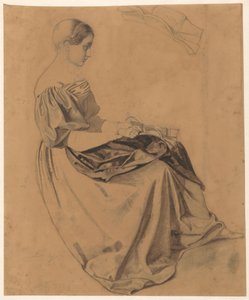 Ragazza seduta con una lettera; la lettera ripetuta in alto da Benjamin Vautier