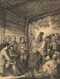 Gli Indiani Parlano al Colonnello Bouquet in una Conferenza presso un Fuoco di Consiglio Vicino al Suo Campo sulle Rive del Muskingum in America, Ottobre 1764, 1765