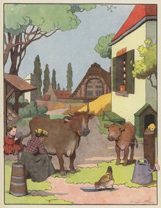 Donna che munge una mucca in un cortile da Benjamin Rabier
