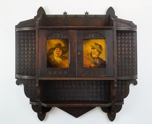 Armadio a muro con placche in ceramica, intaglio attribuito a Mary Madeline Nourse, placche a Artus van Briggle (1869-1904) 1887-99 (noce nero e argilla smaltata) da Benn attr.to Pitman