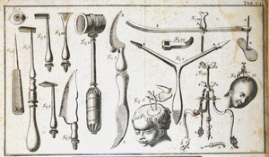 Tavola chirurgica che rappresenta diversi tipi di strumenti chirurgici, martello, scalpello, coltelli, per la rimozione del cervello. Incisione di Benoit Louis Prevost XVIII secolo da Benoit Louis Prevost