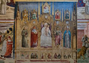 Un falso polittico con la Vergine Maria e il Bambino, S. Antonio di Padova, San Girolamo, San Giovanni e San Luigi di Tolosa, Cappella di San Girolamo da Benozzo di Lese di Sandro Gozzoli