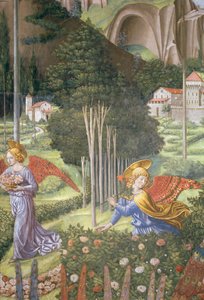 Angelo che raccoglie fiori in un paesaggio celeste, dettaglio (ciclo del Viaggio dei Magi) da Benozzo di Lese di Sandro Gozzoli