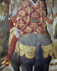Cavaliere a cavallo in abiti sontuosi, dettaglio dall