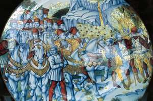 Piatto di maiolica raffigurante la Processione dei Magi, di Benozzo Gozzoli (circa 1420-1497), artigianato di Gualdo Tadino, Umbria, Italia da Benozzo di Lese di Sandro Gozzoli
