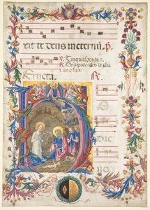 Foglio singolo da un antifonario: Iniziale H[odie nobis] con la Natività