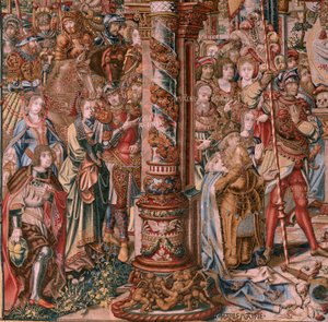 Arazzo fiammingo. Serie Gli Onori. Fede. Primo arazzo della serie. Modello Cartonisti del circolo di Bernard van Orley e Jan Gossaert (Mabuse). Manifattura Pieter van Aelst, Bruxelles. Ca 1550.