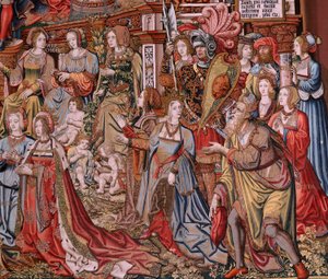 Arazzo fiammingo. Serie Gli Onori. Giustizia. Nono arazzo della serie. Modello Cartonisti del circolo di Bernard van Orley e Jan Gossaert (Mabuse). Manifattura Pieter van Aelst, Bruxelles. Ca 1550.