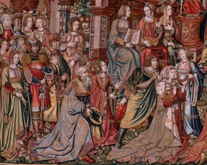 Arazzo fiammingo. Serie Gli Onori. Giustizia. Nono arazzo della serie. Modellisti del circolo di Bernard van Orley e Jan Gossaert (Mabuse). Manifattura Pieter van Aelst, Bruxelles. Ca 1550. Tessuto oro, argento