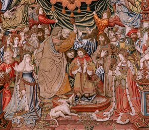 Arazzo fiammingo. Serie Gli Onori; Nobiltà. Quarto arazzo della serie. Modellisti del circolo di Bernard van Orley e Jan Gossaert (Mabuse). Manifattura Pieter van Aelst, Bruxelles. Ca 1550. Tessuto oro, argento, seta e lana