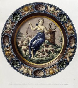 Diana (Artemide) cacciatrice - Piatto ceramico, in "The work of Bernard Palissy" di C. Delange e C. Borneman, Parigi da Bernard (after) Palissy