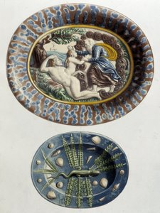 Dio crea Eva dalla coscia di Adamo; Lucertola - Piatti in ceramica, in "The work of Bernard Palissy" di C. Delange e C. Borneman, Parigi da Bernard (after) Palissy