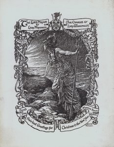 Britannia che guarda il mare, cartolina di auguri di Natale della Prima Guerra Mondiale dal Sindaco e dalla Signora Sindaco di Londra, Sir Charles e Lady Wakefield da Bernard (after) Partridge