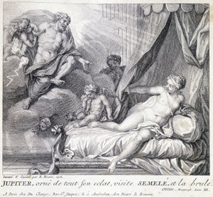 Giove (Zeus) brucia Semele con il suo fulmine. Incisione del XVIII secolo dopo il disegno di B. Picart realizzato nel 1708. da Bernard (after) Picart