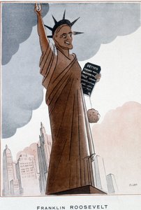 Caricatura di Franklin Roosevelt nella Statua della Libertà - Illustrazione di Bernard Becan (Bernhard Kahn) (1890-1943) in "Fantasio" del 01/12/1932 da Bernard Becan