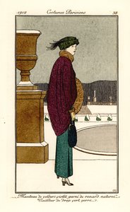 Donna in mantello di velluto viola bordato di pelliccia di volpe, abito di lana verde bottiglia da Bernard Boutet de Monvel