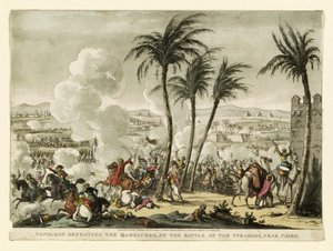 Napoleone sconfigge i Mamelucchi alla Battaglia delle Piramidi, vicino al Cairo, inciso da George Cruikshank, pub. 1823