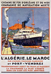 Manifesto pubblicitario della ferrovia francese diretta in Algeria e Marocco dalla Francia via Limoges, Tolosa, Narbonne e Port Vendres, 1900 ca. da Bernard Lachevre