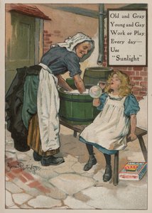 Ragazza che soffia bolle mentre sua nonna fa il bucato: pubblicità per il sapone Sunlight da Bernard Partridge