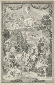 Pagina del titolo allegorica con varie scene dalle Metamorfosi di Ovidio e il suo ritratto