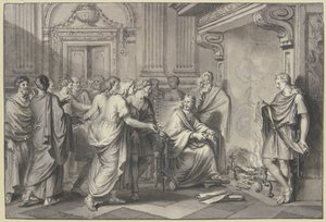 Un romano getta rotoli di carta nel fuoco alla presenza di molte persone da Bernard Picart