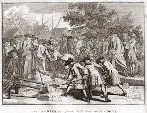 Ebraismo: gli assistenti gettano terra sul corpo durante il funerale (funerale ebraico) Incisione da "Illustrazione di cerimonie e costumi religiosi di tutti i popoli del mondo" di Bernard Picart (1723-1743) 1819 Collezione privata da Bernard Picart