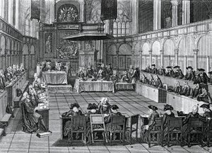 Sinodo protestante tenuto nel 1730 nella Nieuwe Kerk (Chiesa Nuova) ad Amsterdam, Paesi Bassi, incisione di Bernard Picart (1673-1733)