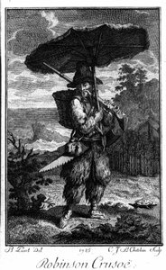 Rappresentazione di Robinson Crusoe sulla sua isola deserta. Incisione di Bernard Picart (1673-1733) che illustra il romanzo di Daniel Defoe (1660-1731)