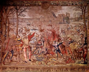 Le cacce di Massimiliano: il mese di gennaio, Acquario, caccia al cinghiale, flambee, curee - Arazzo realizzato nei laboratori fiamminghi da Bernard van Orley da Bernard van (after) Orley