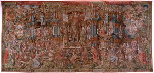 Arazzo fiammingo. Serie Gli Onori. Fama (La Fama). Terzo arazzo della serie. Modello Cartonisti del circolo di Bernard van Orley e Jan Gossaert (Mabuse). Manifattura Pieter van Aelst, Bruxelles. Ca 1550. Tessuto Oro, argento, seta e lana.