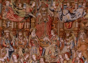 Arazzo fiammingo. Serie Gli Onori. Onore. Secondo arazzo della serie. Modello Cartonisti del circolo di Bernard van Orley e Jan Gossaert (Mabuse). Manifattura Pieter van Aelst, Bruxelles. Ca 1550. Tessuto Oro, argento, seta e lana. da Bernard van Orley
