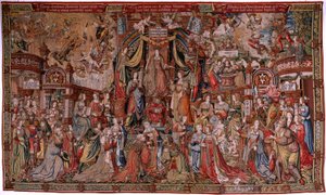 Arazzo fiammingo. Serie Gli Onori. Giustizia (La Justicia, Los Honores). Nono arazzo della serie. Modello Cartonisti del circolo di Bernard van Orley e Jan Gossaert (Mabuse). Manifattura Pieter van Aelst, Bruxelles. Ca 1550. Tessuto Oro, argento, da Bernard van Orley