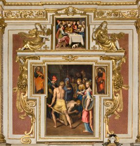 Cappella della Madonna del Popolo, seconda campata lato nord, Decollazione del Battista 1569, Ai lati San Pietro e San Paolo 1520-30, Banchetto di Erode 1569 da Bernardino Campi