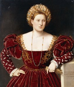 Ritratto di una Signora, a tre quarti, in un vestito bordeaux con maniche tagliate, con guanti in mano da Bernardino Licinio