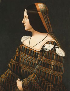 Ritratto di una signora, mezzo busto, di profilo, in un vestito nero decorato con pizzo, con nappe pendenti e spalle tagliate e una cuffia arancione e grigia da Bernardino de Conti