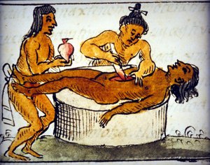 Sacrificio umano: sacrificio rituale tra gli Aztechi. Da un manoscritto di Bernardino de Sahagun da Bernardino de Sahagun