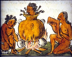 Cannibalismo rituale tra gli Aztechi. Manoscritto di Bernardino de Sahagun. XVII secolo. (dettaglio)