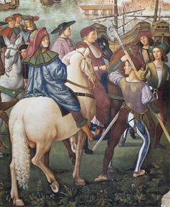 Enea Silvio Piccolomini in partenza per Basilea in qualità di segretario del Vescovo di Ferrara, dettaglio dalle Storie di Pio II da Bernardino di Betto Pinturicchio