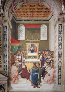Cattedrale di Siena, Biblioteca Piccolomini, Enea Silvio Piccolomini riceve il cappello cardinalizio da Callisto III, (dettaglio) da Bernardino di Betto Pinturicchio