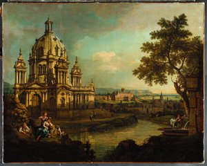 Un capriccio con una chiesa a cupola e edifici a Pirna