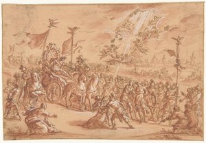 Un santo vescovo inginocchiato accanto al corteo di un imperatore romano da Bernardo Castello (attributed to)