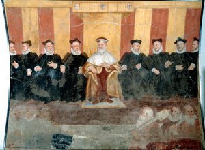 Il Doge di Genova Giacomo Durazzo Grimaldi circondato dai Senatori (affresco di Bernardo Castello, 16° secolo, Genova, Museo di Sant