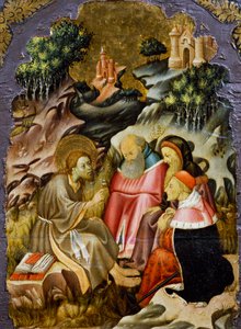 Predicazione di Giovanni Battista, (dettaglio) dalla predella di un altare della Cattedrale di Vic, di Bernat Martorell, dipinto su legno. Arte gotica catalana.