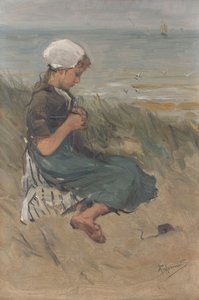 Ragazza che lavora a maglia nelle dune