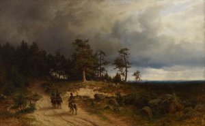 Paesaggio nella Finlandia orientale con i cosacchi a cavallo