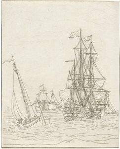 Una nave da guerra e tre velieri in alto mare da Bernhard Schreuder