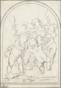 Cinque putti accanto a un vaso con tralci d