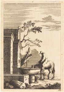 Cavaliere e cavallo a una fontana