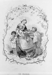 La balia: una giovane madre dà da mangiare ai suoi tre figli in "La Fisiologia del Gusto" di Brillat-Savarin illustrato da Bertal. Parigi 1840. Jean Anthelme Brillat-Savarin (1755-1826) gastronomo francese da Bertall